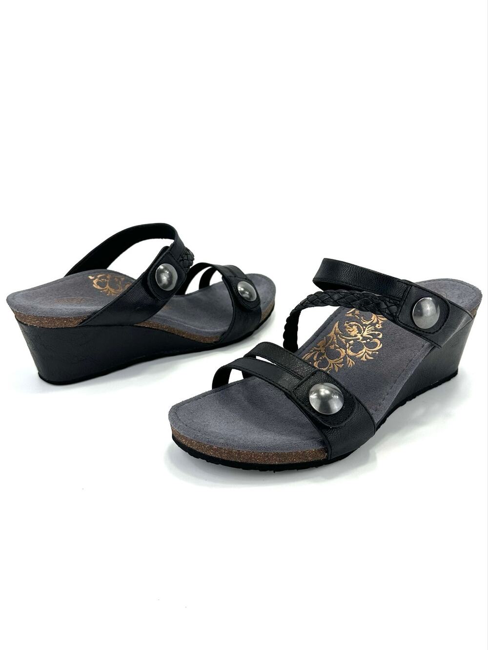 Aetrex Naya Wedge Slide Sandal Size 10/41 Black Leather Arch Support Adjustable
